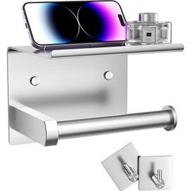Tindbea Toilet Paper Holder with Phone Shelf + Towel Robe Hooks, Adhesive or Screw Wall Mounted Toilet Paper Roll Storage, Stainless Steel Bathroom Tissue Roll Holder (Brushed Nickel)