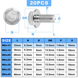 TXXATX 20 Pcs M6 Bolt M6x12mm Bolt 304 Stainless Steel Bolts Hex Screws Flanged Hex Head Bolts Anti-Loosening for DIY Households Machine Tools Furniture Assembly