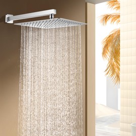 KINLIV Rain Shower Head with Extension Arm Polished Chrome, 12" Rainfall Square Showerhead with 16" Shower Arm All Stainless Steel, 144 Outlets Waterfall Full Body Coverage