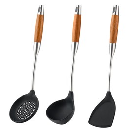 FJNATINH Silicone Wok Spatula,Ladle,Skimmer Ladle Tool Set,Stainless Steel Non Stick Heat-Resistant Cooking Utensils BPA Free Kitchen Utensils Cookware Wooden Handle,3 Pieces