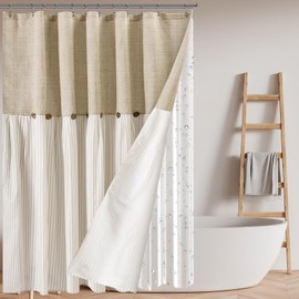SmoothNovelty 3 in 1 Farmhouse Boho Button Shower Curtain and Clear Curtain Liner Set with 12 Double Rings Linen and Cotton Woven Fabric Rustic Decor for Bathroom, 70''x70''(Brown)
