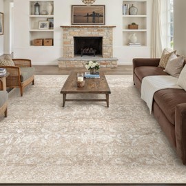 PureCozy 8x10 Area Rug Living Room Bedroom Vintage Washable Beige Carpet Indoor Large Non Slip Soft Low Pile Thin Rug Retro Accent Throw Office Dining Room