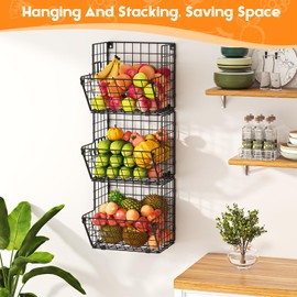 X-cosrack Metal Wire Basket Wall Mount, 3 Tier Wall Storage Organizer with 5 S Hooks, Kitchen Fruits and Vegetables Bin Toys Organizer Hanging Basket Black (S (10.83" L x 10.63" W x 30" H))