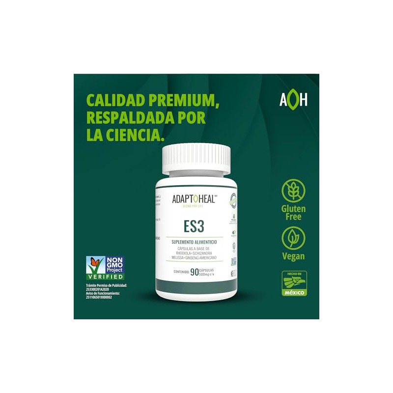 ADAPTOHEAL ES3 Rhodiola, Schisandra, Melissa y Ginseng (90 Cápsulas)