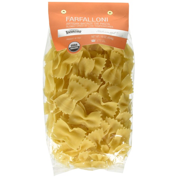 Sanremo Italian Organic Farfalloni Pasta - 100% Durum Semolina Organic Farfalloni - 16 Oz (Pack Of 12) - Product Of Italy