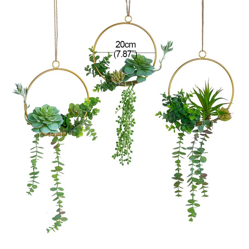 SWTHONY人工多肉花輪セット3点懸垂金色幾何学花輪緑色花輪壁装飾結婚式パーティー苗場背景用