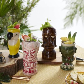 LEMONSODA Hard-Carved and Hand-Painted Tiki Mugs Cocktail - Ceramic Hawaiian Luau Party Mugs Drinkware, Cute Exotic Cocktail Glasses, Tiki Bar Professional Hawaiian Party Barware (Set of 4-16-22oz)