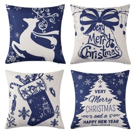 LuxFocus Christmas Throw Pillow Covers 18x18, Blue Cotton Linen Throw Pillows Set of 4, Snowflake Christmas Tree Pillow Covers for Couch Home Decoration 18 x 18 Inch, 4 Pack