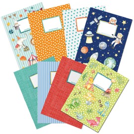 Papierdrachen 8 High-Quality Paper Notebook Covers for Children, DIN A4, Space and Dinos Motif, Notebook Cover, 250 g/m², Set Number 3