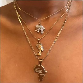 ACEDRE Africa Map Choker Necklace Crystal Elephant Layered Pendant Necklace Chains Gold Gothic Egyptian Queen Beach Adjustable Jewelry Dainty Accessory for Women