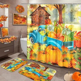 Arttown Watercolor Autumn Landscape Bathroom Sets with Shower Curtain and Rugs and Accessories, Truck with Harvest Pumpkin, Vintage Fall Shower Curtain Set Bathroom Decor 3 Pcs