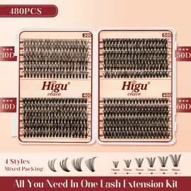 Higu clace Wimpern-Extensions 480pcs Einzel Wimpern, 4 Stills Lash Clusters Mixed 10-18MM, natürliche Wimpern Cluster, feine Wimpernverlängerung, einfach zu Hause anzuwenden