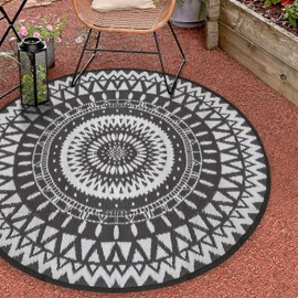 NUU GARDEN Round Outdoor Rug for Patios Plaid Reversible Patio Rug, Plastic Straw Indoor and Outdoor Round Rug for Outdoors, RV, Backyard, Deck, Picnic, Beach, Trailer, Camping, 5 x 5 ft
