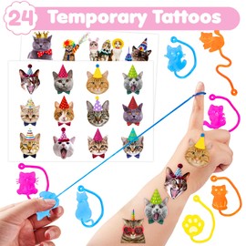 ThuanXuanLoc 36PCS Cat Party Favors - 24PCS Temporary Tattoos 12PCS Stick Hands Perfect Birthday Supplies for Kids Stretchy Fidget Goodie Bag Stuffers Treasure Box Toys Classroom Prizes Student Gifts