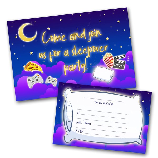 Sleepover Party Invitations Pack & Invites Envelopes (WRITE ON) (Blue