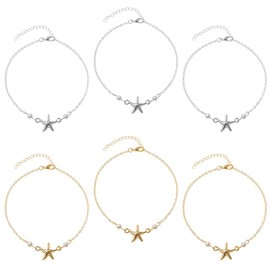 GOMAKERER 6 Pcs 2 Colors Silver/Gold Anklets for Women, Alloy Adjustable Ankle Bracelets Boho Beach Foot Anklet with Starfish Charm and Plastic Pearl Anklet for Women, 9.37 Inch Long