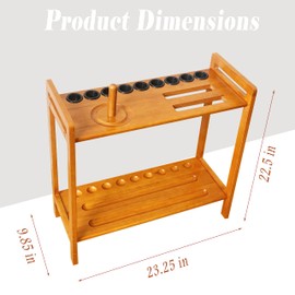 GACCO BILLIARDS Pool Stick Holder Floor Stand Holds 9 Cues & Pool Table Accessories. Wooden 2-Tier Cue Stick Storage with Ball Rack Hangers, Billiard Cone Chalk Holder or Drink Pads (Oak)