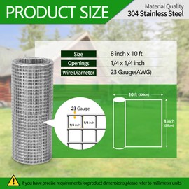 GMOTLSE Hardware Cloth 1/4 inch 23 Gauge Small Size 304 Stainless Steel mesh Chicken Welded Wire Fencing Wire Mesh Roll Fencing Garden Fence Squirrel Tunnel Network 8in×10ft