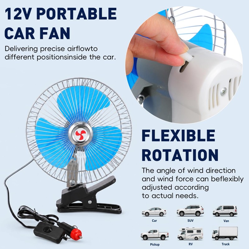 Toyvian 12v Oscillating Car Fan, 8-inch Clip-on Silent Metal Portable