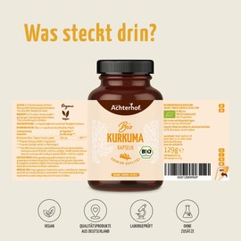 Kurkuma Kapseln Bio | 180 Stück | 4800mg Kurkuma pro Tagesdosis | frisch gemahlene Kurkumawurzel in Bio-Qualität | vegane Kapselhülle | vom Achterhof