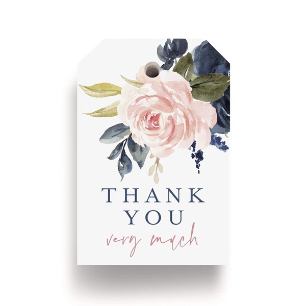 Bliss Collections Thank You Gift Tags, Navy Floral, Thank You Very Much Gift Tags for Weddings, Bridal Showers, Birthdays, Parties, Baby Showers, Wedding Favors or Special Events, 2"x3" (50 Tags)