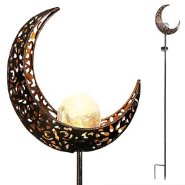Starryfill Moon-Shaped Garden Solar Lights, Outdoor Bronze Metal Waterproof Stake with Crackle Glass Globe Warm White LED for Pathway Lawn Patio or Courtyard