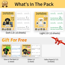 TransOurDream Iron on Heat Transfer Paper for Dark and Light Fabrics (15+15+2 Sheets, 8.5x11", Mix Pack) Iron on Transfers for T Shirts Printable HTV Heat Transfer Vinyl for Inkjet Printers