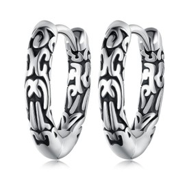 Viking Hoop Earrings 925 Sterling Silver Carving Earrings Vintage Huggie Hoop Earrings for Men