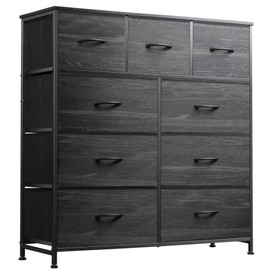 WLIVE 9-Drawer Dresser, Fabric Storage Tower for Bedroom, Entryway, Closet, Tall Chest Organizer Unit with Fabric Bins, Steel Frame, Wood Top, Easy Pull Handle, Charcoal Black Wood Grain Print