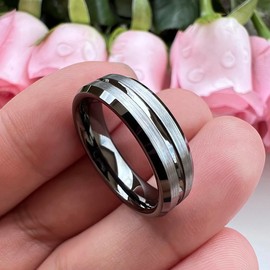 TUTISS 6mm Gunmetal Tungsten Rings for Men Women Couple Fashion Engagement Wedding Bands Grooved Beveled Edges Brushed Finish Comfort Fit Size 9.5
