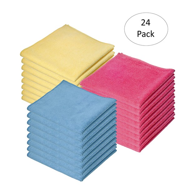 Superio Microfiber Wash Clothes, Miracle Cloth (24 Pack) Blue-red-Yellow, Home Cleaning, Auto Spa Car Wash, Residential, Commercial, Industrial Cloths, (12x12 Inch)