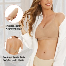 WOWENY Push Up Bras for Women Padded Bra No Underwire Wireless Jelly Strip Soft Support Comfortable Seamless Bralette (Beige, X-Lage)