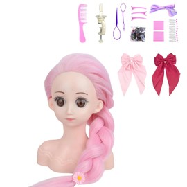Small Doll Head For Hair Styling,Mini Synthetic Mannequin Head,Doll Head With Clamp Holder & Tools, Practice Doll Head For Hair Braiding,Styling and Cutting with Two Bows (Pink)