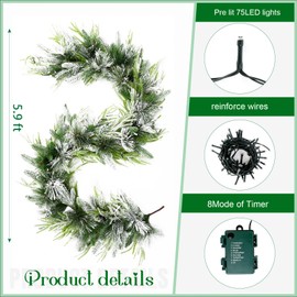 Joyhalo 6ft Flocked Christmas Garland Decorations with Lights Battery Operated Outdoor Prelit Garland for Mantle, Lighted Christmas Garland Indoor for Stairs Railing Fireplace