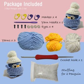 Kitcroet Crochet Kits for Beginners, Starter Crochet Kit All-in-One Complete Crochet Kit Learn to Crochet Sets with Step by Step Video Tutorials for Adults - 2 Penguins [Blue]