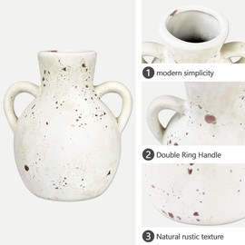 Xunsiga Vintage Farmhouse Ceramic Vase with 2 Handles, Rustic Pampas Grass Vase, 7.5Inch Modern Decorative Flower Ceramic Vase for Home Decor, Table, Living Room Decoration, Office (White)