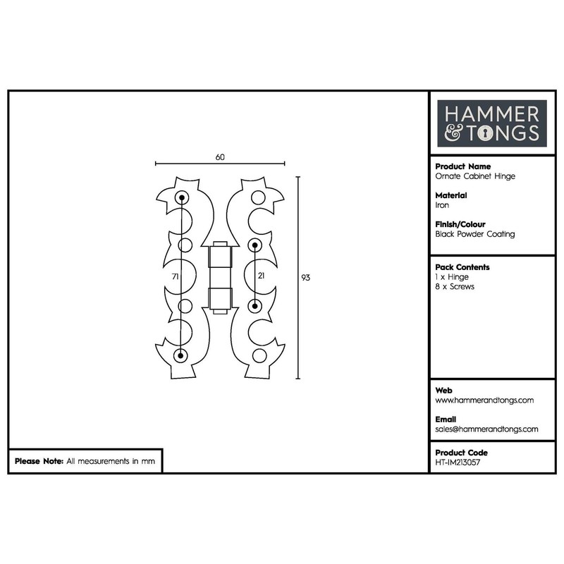 Hammer and Tongs - Ornate Cabinet Hinge - H95mm -