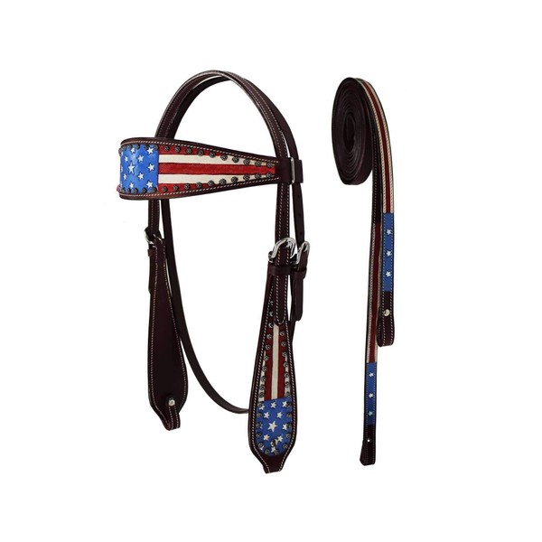 Tahoe Western Patriotic American Flag Browband Horse Headstall with Reins (Pony)