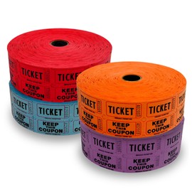 Raffle Tickets - 4 Rolls of 2000 Double Tickets - 8,000 Total - Dark Assorted Colors - Red, Blue, Purple, Orange