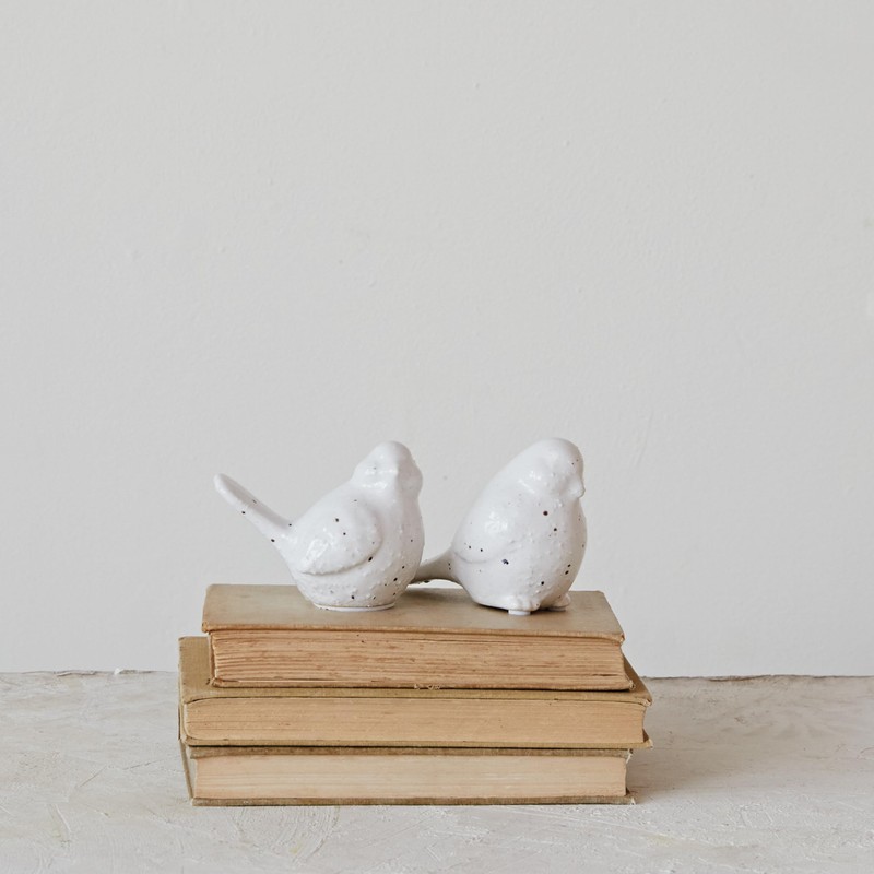 Creative Co-Op Stoneware Bird Accent Decor with Dots, White, Set
