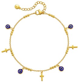 RINHOO 18k Gold Plated Evil Eye Anklet Lucky Turkey Blue Eye Hand of Fatima Butterfly Cross Anklet Bracelets for Women