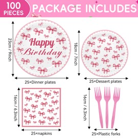 Generic 100pcs Pink Bow Birthday Party Decorations Pink White Bow Bachelorette Plates and Napkins for Girl Coquett Bridal Engagement Baby Shower Dinnerware Party Supplies Serve 25 Guests, LARGE