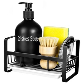 TEZZ Sponge Holder for Kitchen Sink- Stainless Steel Kitchen Sink Caddy for Organizing Sponge, Brush & Soap Dish Dispenser, coutertop Organizer Rack with Adhesive or Counter top, Black