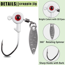 Crappie Jig Head,12 peices Fishing Jig Head with 3D Eye Bass Fishing Crappie Trout Panfish Hook Lure Live Bait Plastic Freshwater 1/8oz White