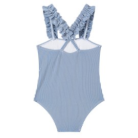 LIZENS Girls One Piece Swimwear Pink Stripe Ruffled Shoulder Straps Girls Swimsuit Size 2-12(LG70G02,9-10T)