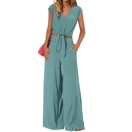 PRETTYGARDEN Women's Summer Tracksuit Sexy V Neck Cap Sleeve Crop Tops Elastic High Waist Wide Leg Pant Sets 2025(Solid Blue Green,Medium)