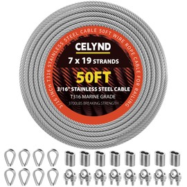 CELYND Stainless Steel Cable for Railing - 50FT 3/16" T316 Wire Rope - 7 x 19 Strands 3700 LBS Breaking Strength with Clamps Thimbles and Crimping Sleeves for Outdoor Deck Railing DIY Projects