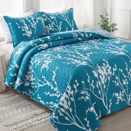 Andency Teal Blue Quilt Queen Size (96x90 Inch), 3 Pieces Floral Lightweight Bedspread, Microfiber Reversible Flower Quilted Coverlet with 2 Pillowcases for Men Women