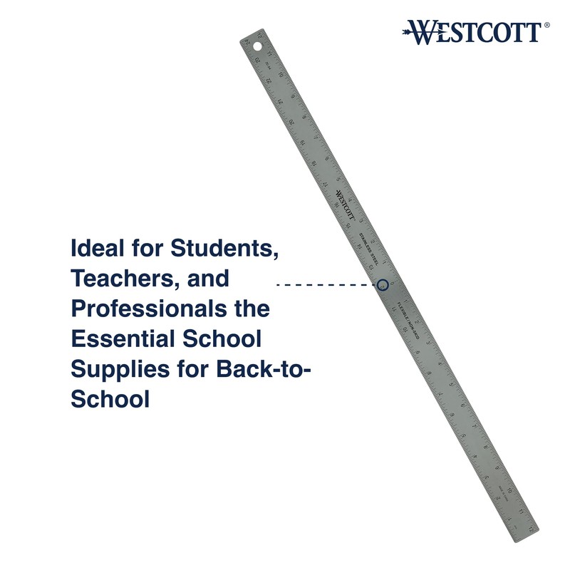 Westcott Stainless Steel Ruler, Zero-Center Scale with Non-Slip Cork Backing,