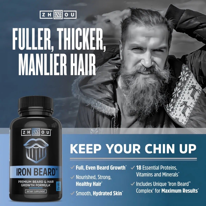 Zhou Iron Beard Suplemento Barba Biotina Multivitamínico 60 Cápsulas